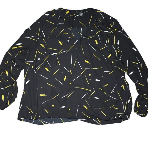 Alfani Plus 24W Black Yellow Dash Print V-Neck Blouse Balloon Sleeve - Picture 1 of 7